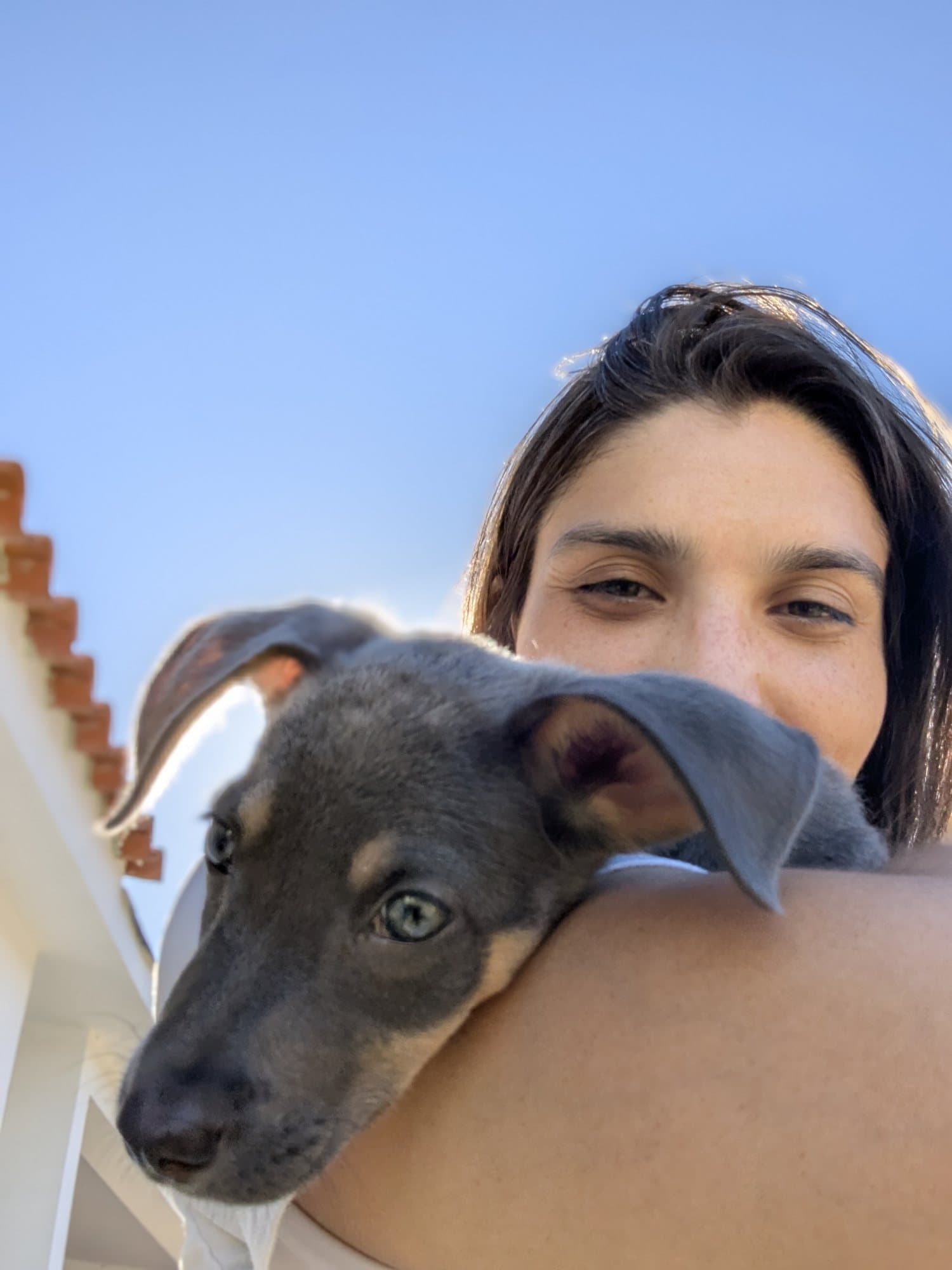 Una perrita cachorra apoyada en el hombro de Val, bajo un cielo azul