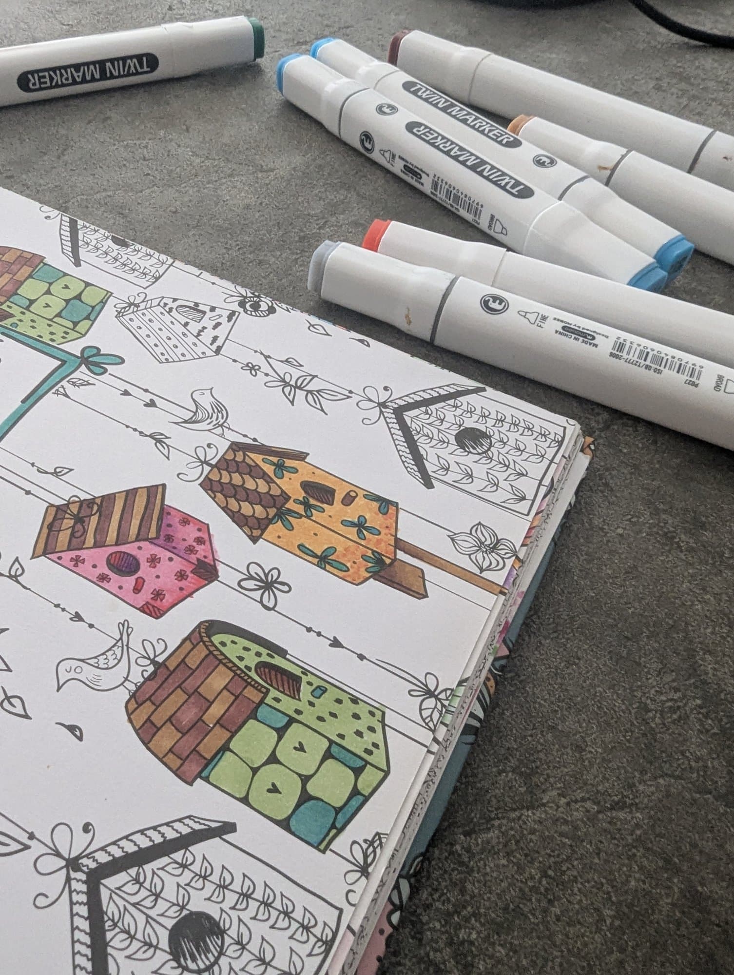 Libro de colorear con casitas de pájaro pintadas y marcadores al lado